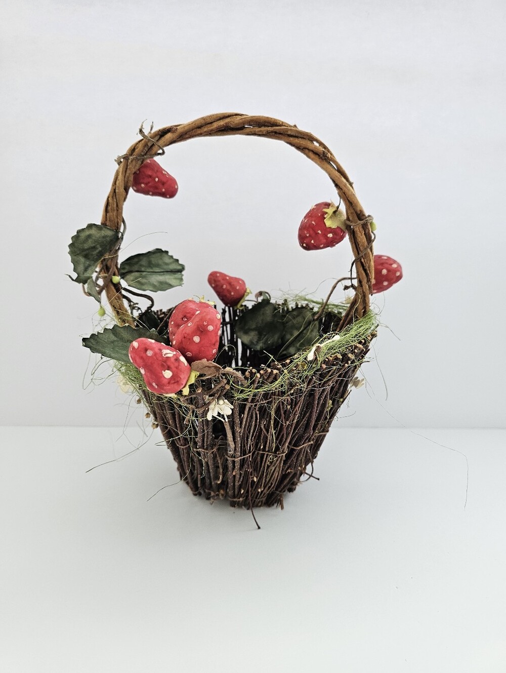 Rustic Cottagecore Strawberry Twig Basket Grapevine Handle Woodland Decor